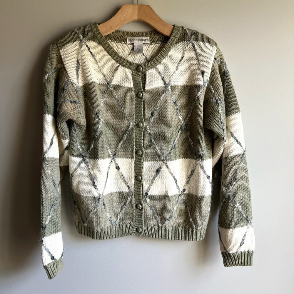 Vintage Grannycore Argyle Knit Sage Green and Cream Striped Cardigan Size Small